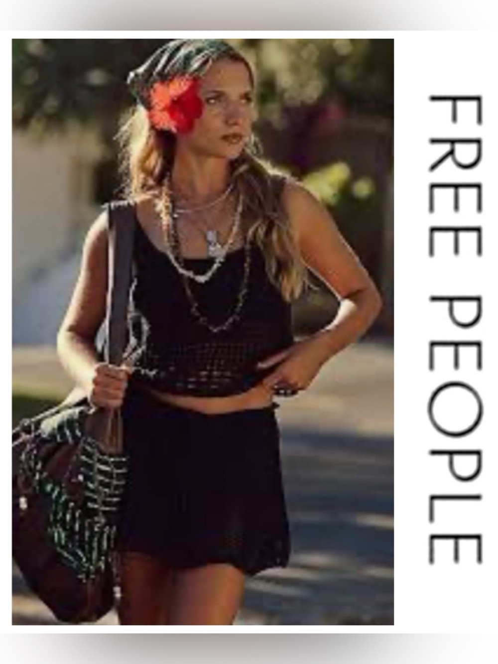 🚩NWT’s-$90 FREE PEOPLE Fuego Set M 2pc Open-Knit Black Tank Skirt Set medium